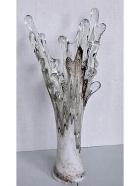 Vtg MCM Kirch Splash 15" Hand Blown Vase Chocolate Swirl Brown Swung Glass